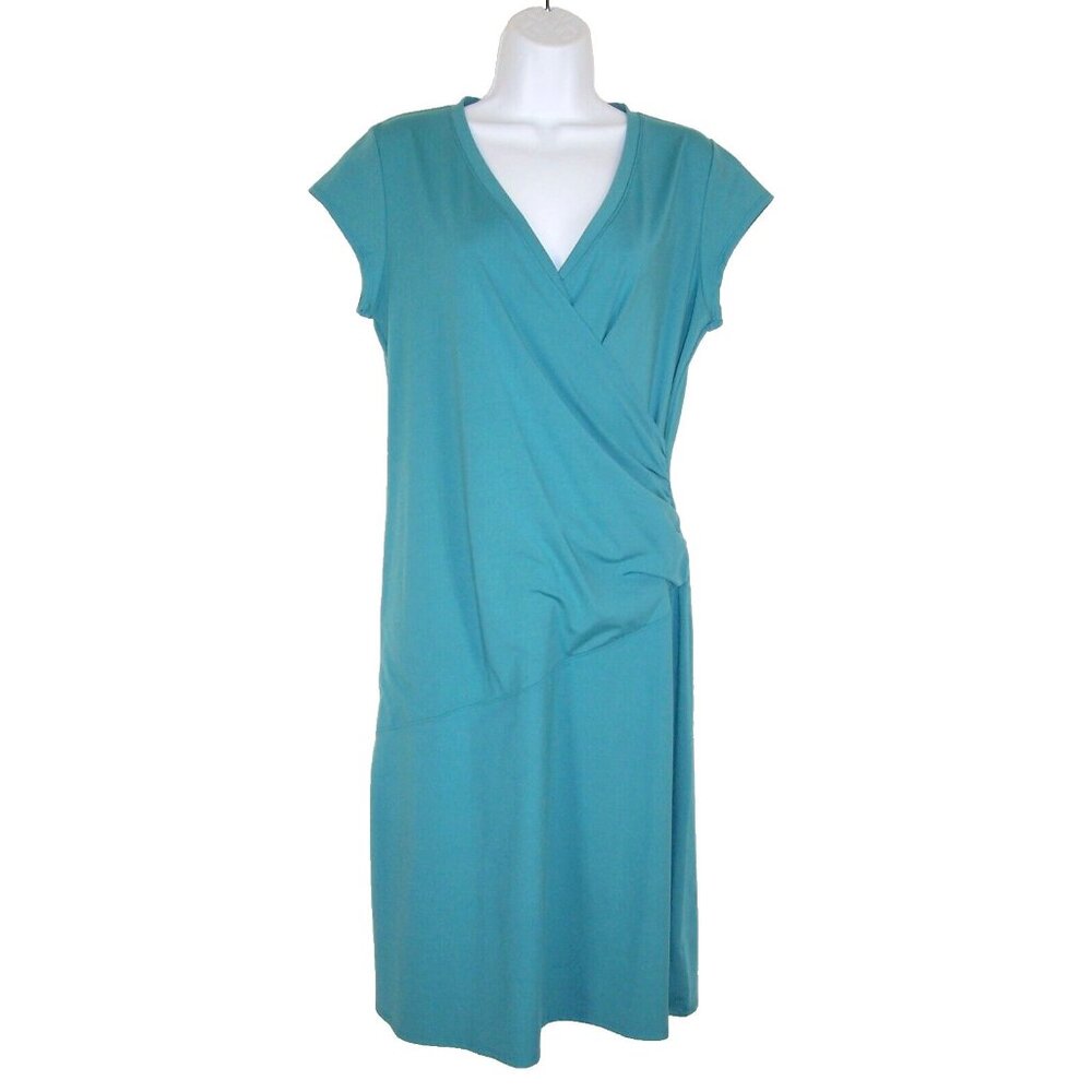 Athleta Nectar Faux Wrap Dress L Green Teal Ruched Stretch Athleisure